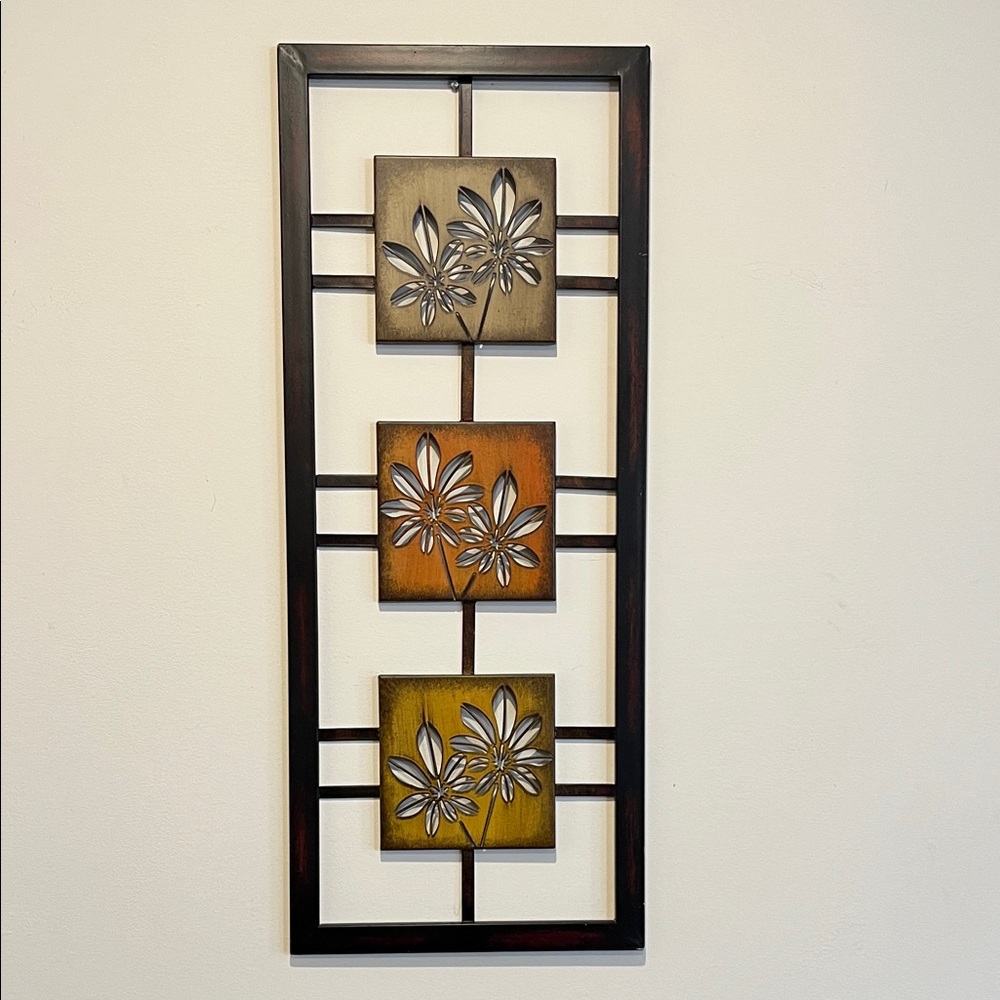 Rustic Metal Stencil Cutout Floral Three-Tiered Squares Plaque Wall Art Neutral
